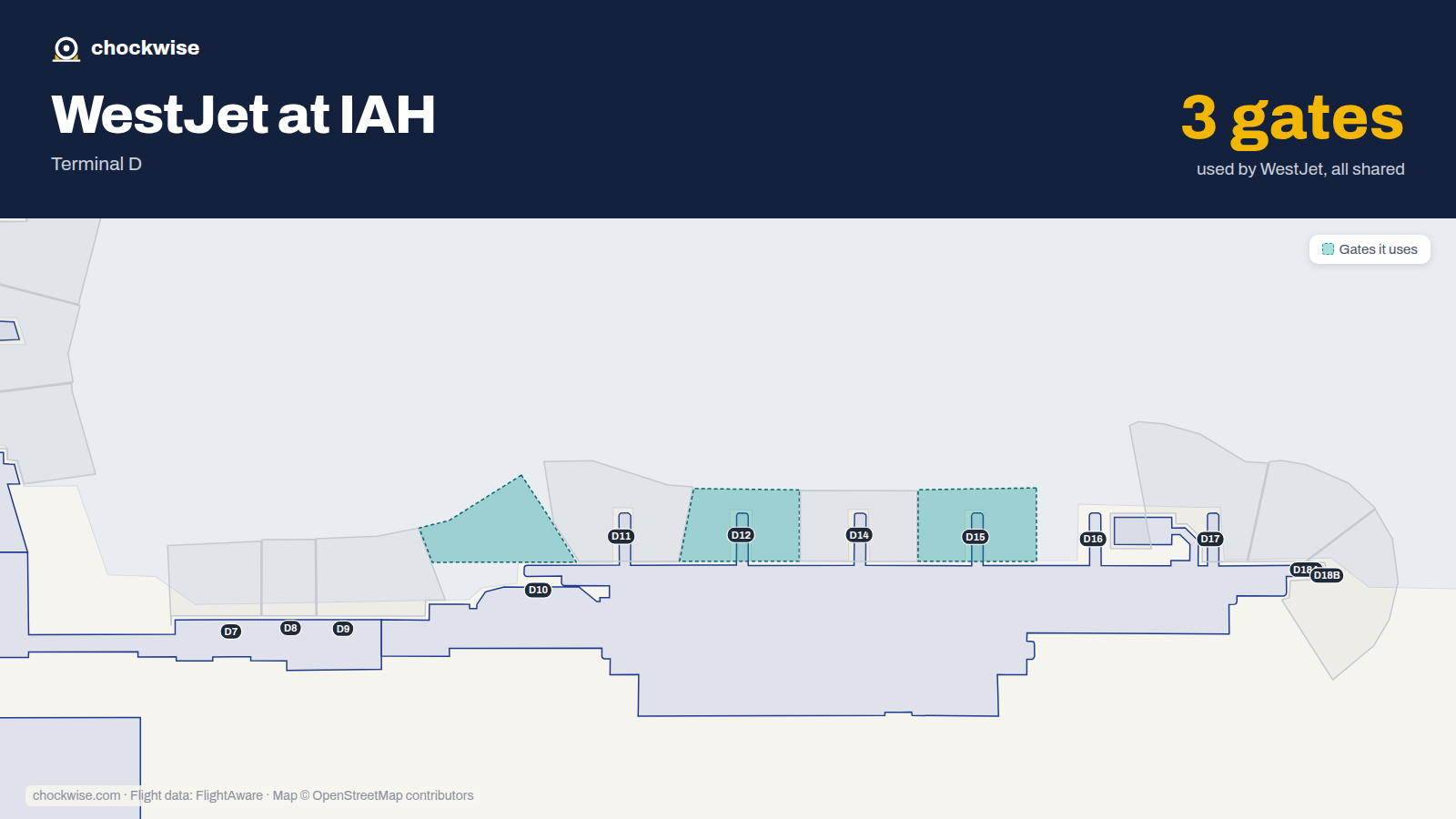 Map of IAH with the gates WestJet uses highlighted: D10, D12 and D15.
