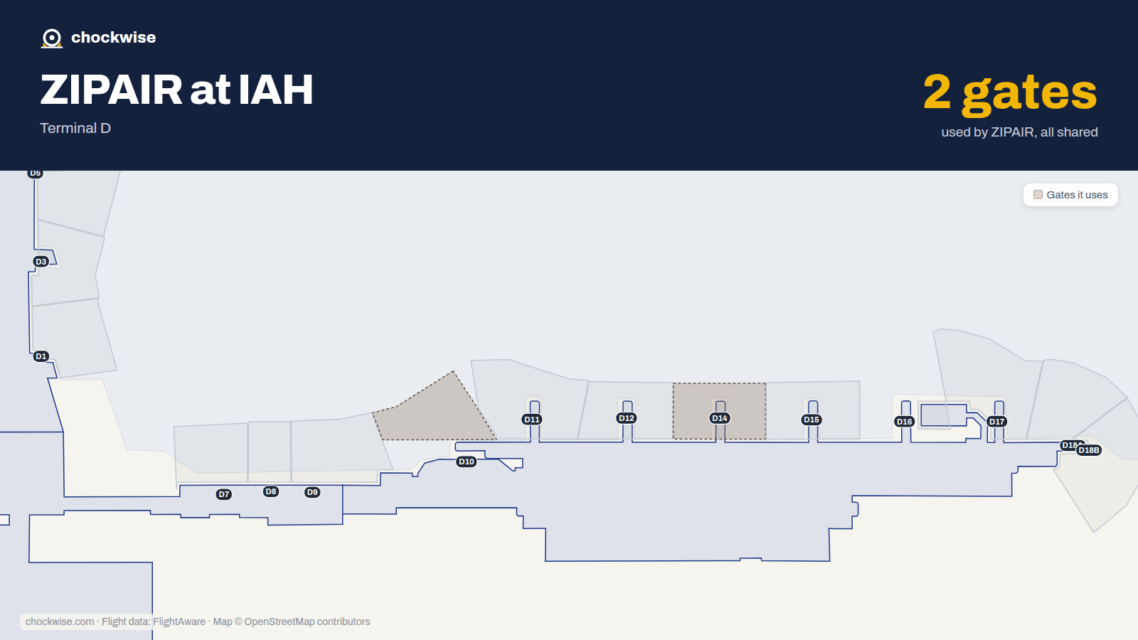 Map of IAH with the gates ZIPAIR uses highlighted: D10 and D14.