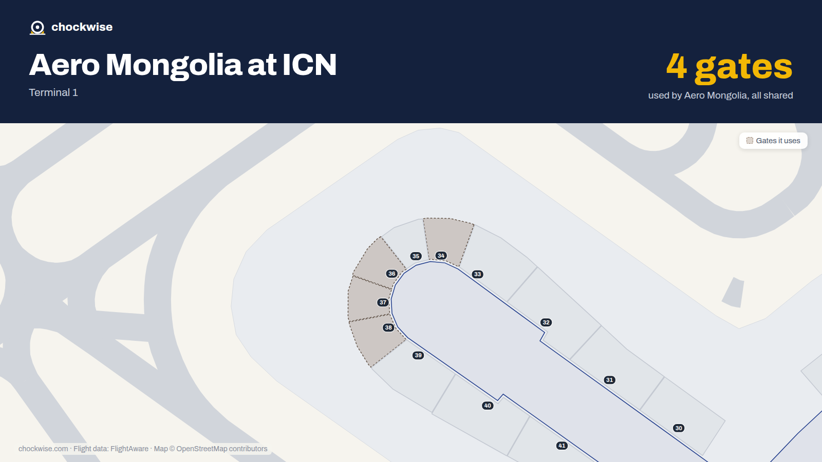Map of ICN with the gates Aero Mongolia uses highlighted: 34, 36, 37 and 38.