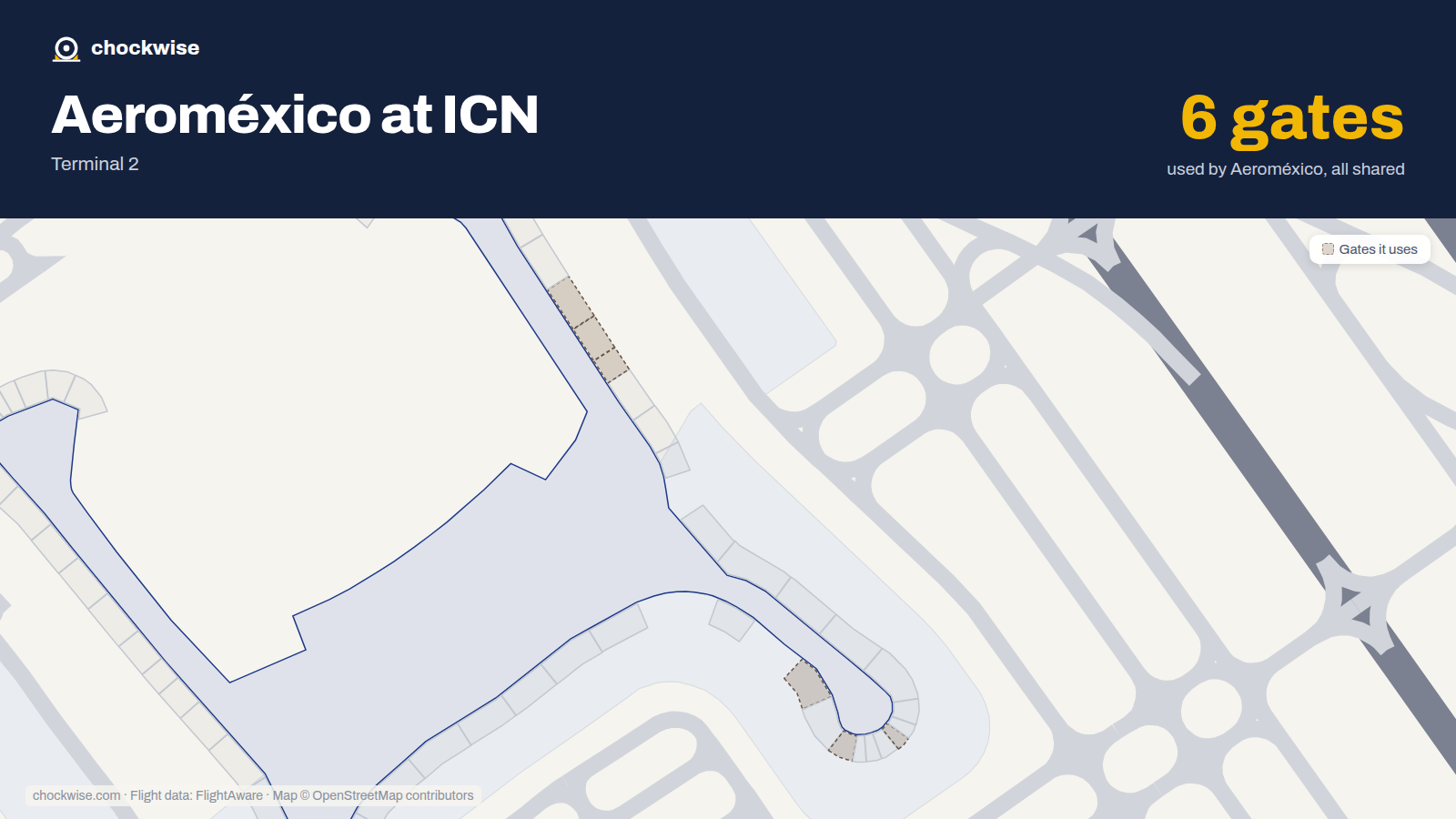 Map of ICN with the gates Aeroméxico uses highlighted: 255, 257, 261, 275, 276 and 277.