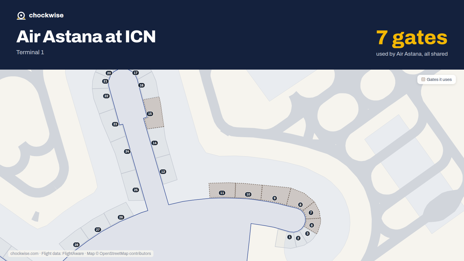 Map of ICN with the gates Air Astana uses highlighted: 6, 7, 8, 9, 10, 11 and 15.