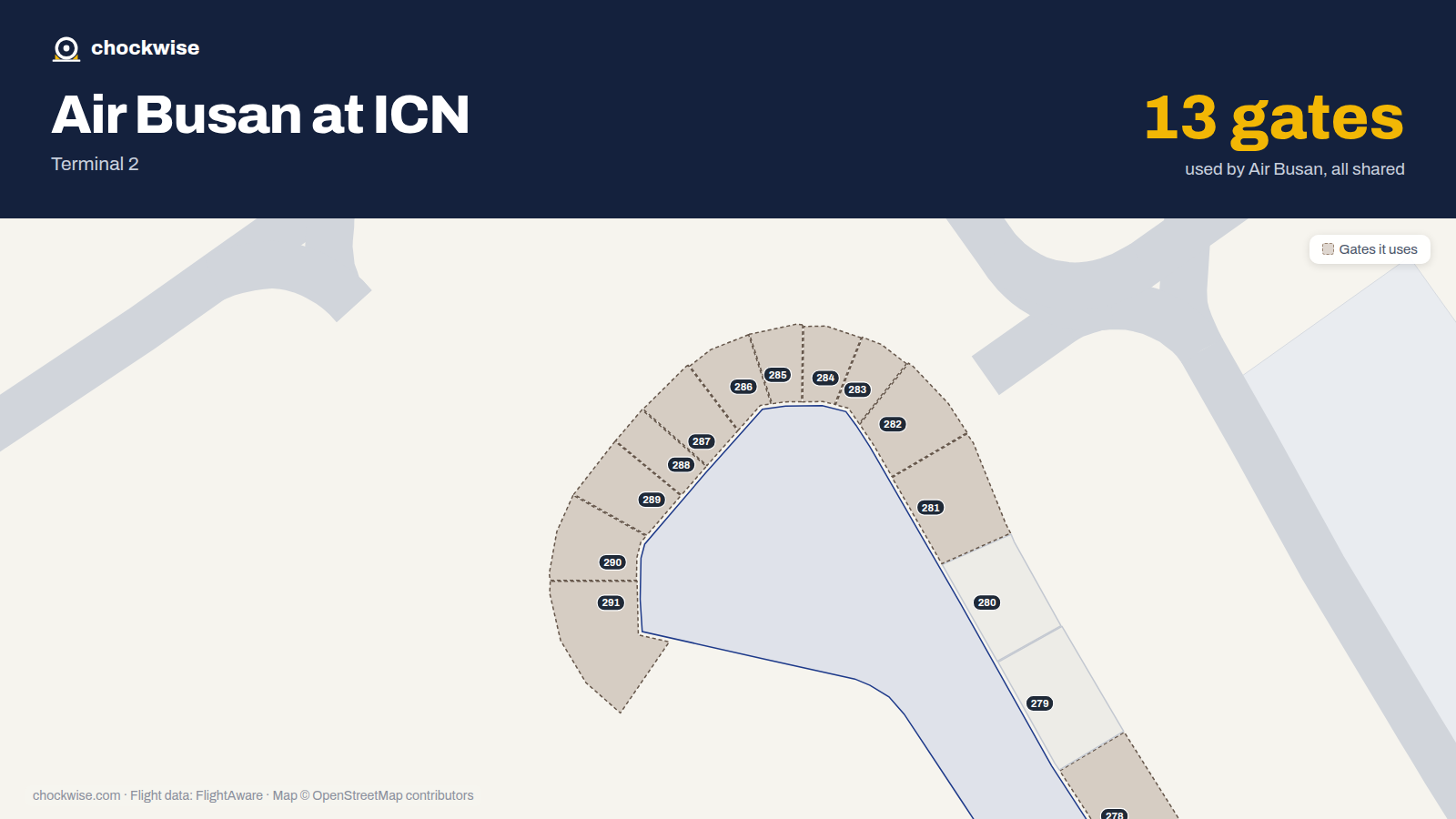 Map of ICN with the gates Air Busan uses highlighted: 251, 278, 281, 282, 283, 284, 285, 286 and 5 more.