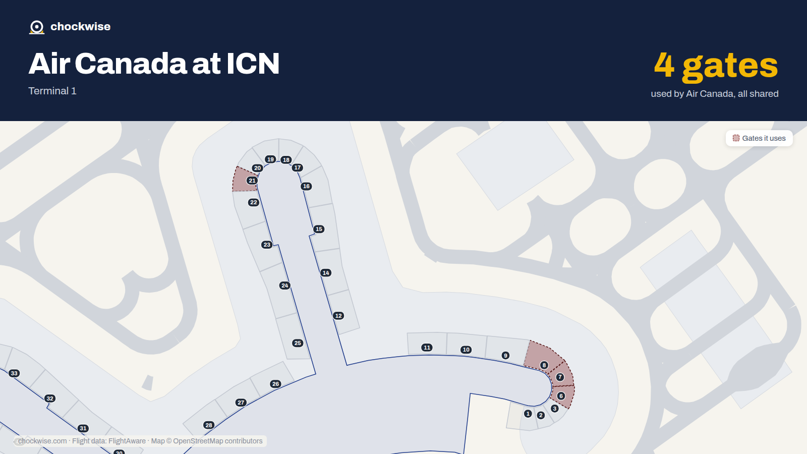 Map of ICN with the gates Air Canada uses highlighted: 6, 7, 8 and 21.