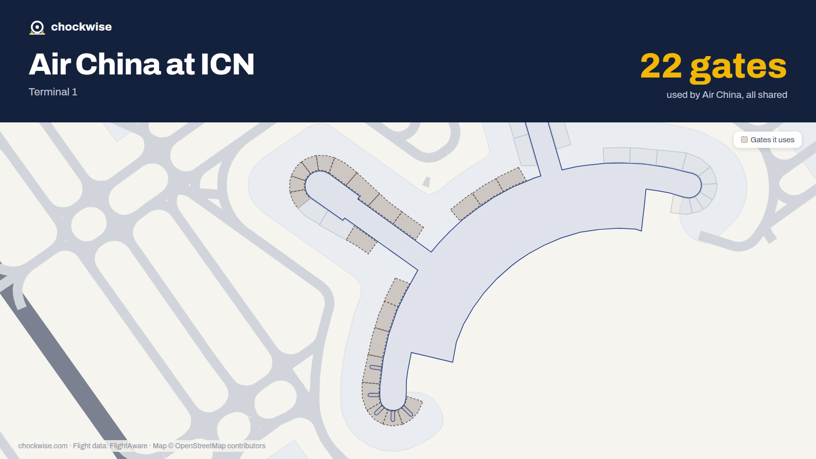 Map of ICN with the gates Air China uses highlighted: 21, 26, 27, 28, 30, 31, 32, 33 and 14 more.
