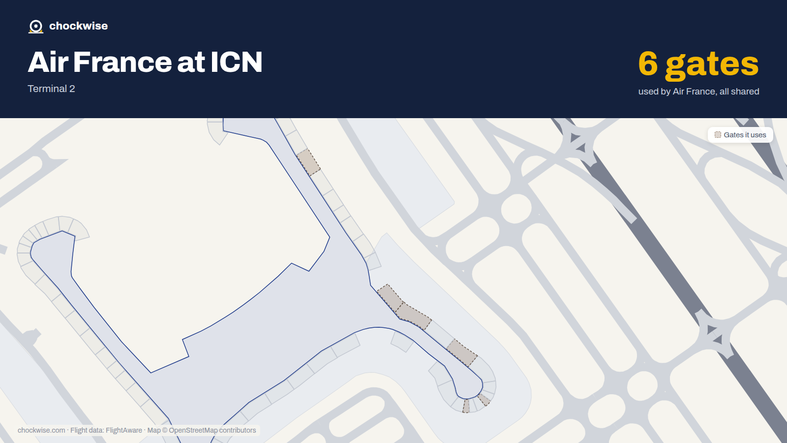 Map of ICN with the gates Air France uses highlighted: 258, 261, 265, 267, 268 and 278.