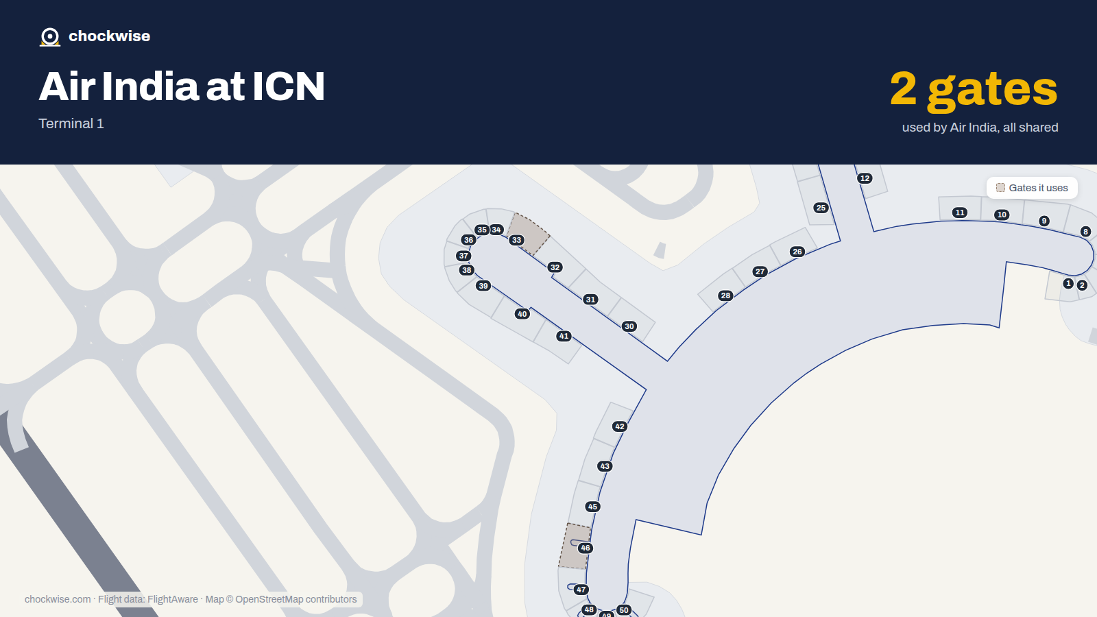 Map of ICN with the gates Air India uses highlighted: 33 and 46.