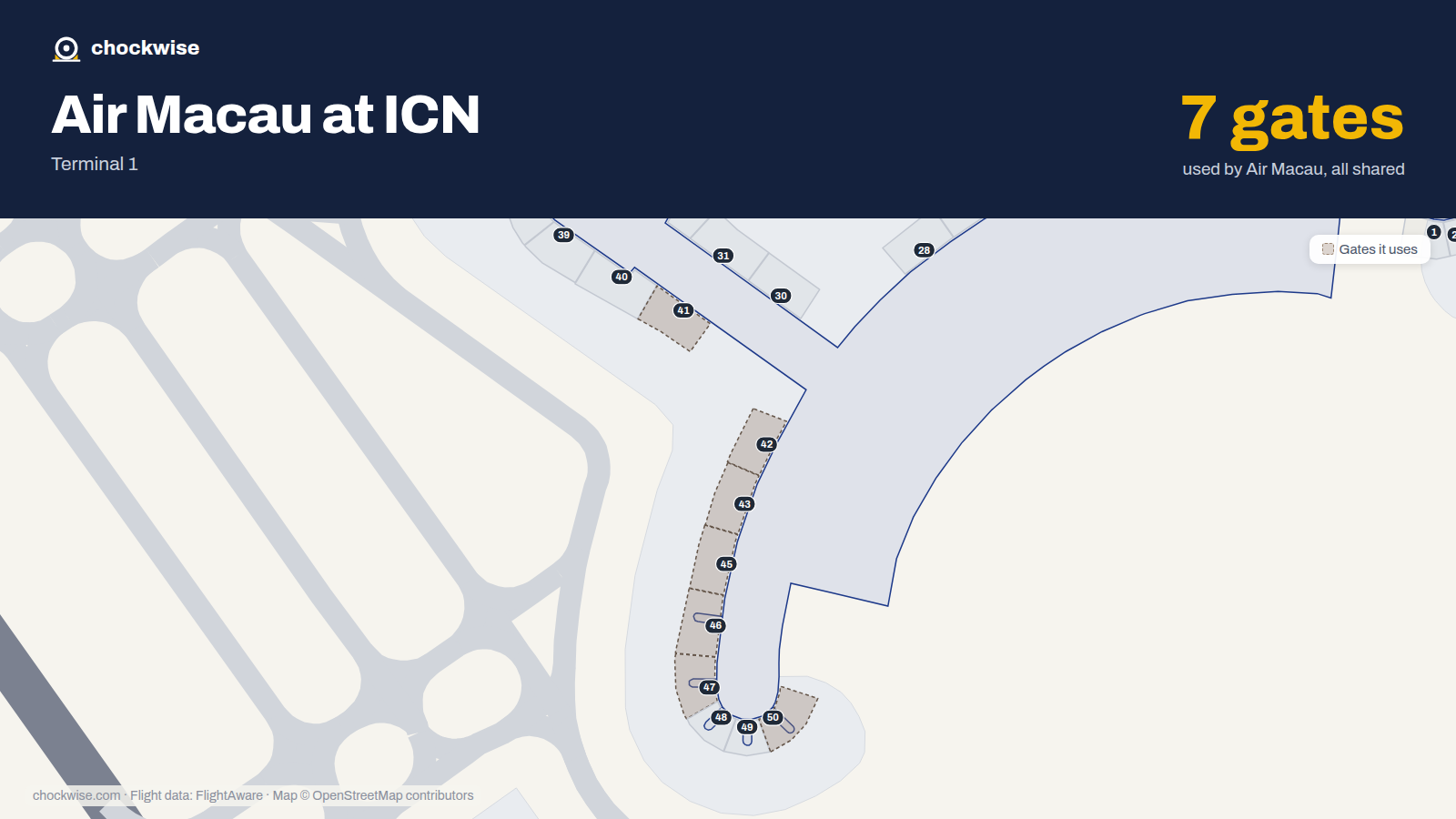 Map of ICN with the gates Air Macau uses highlighted: 41, 42, 43, 45, 46, 47 and 50.