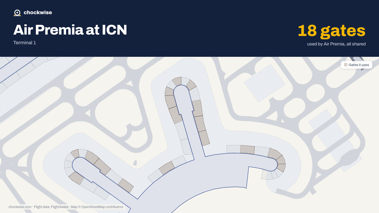 Map of ICN with the gates Air Premia uses highlighted: 6, 7, 8, 10, 12, 14, 15, 17 and 10 more.