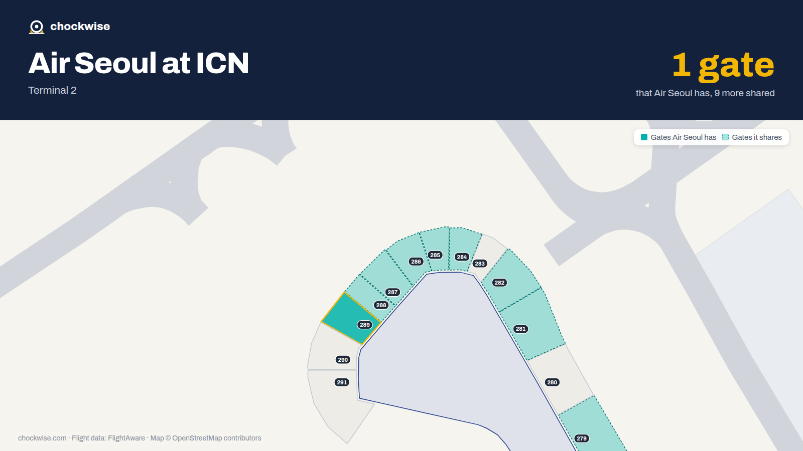 Map of ICN with the gates Air Seoul uses highlighted: 289.