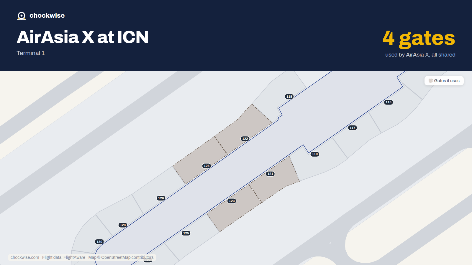 Map of ICN with the gates AirAsia X uses highlighted: 121, 122, 123 and 124.