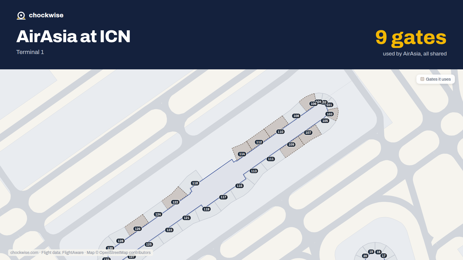 Map of ICN with the gates AirAsia uses highlighted: 103, 106, 107, 109, 110, 112, 114, 122 and 1 more.