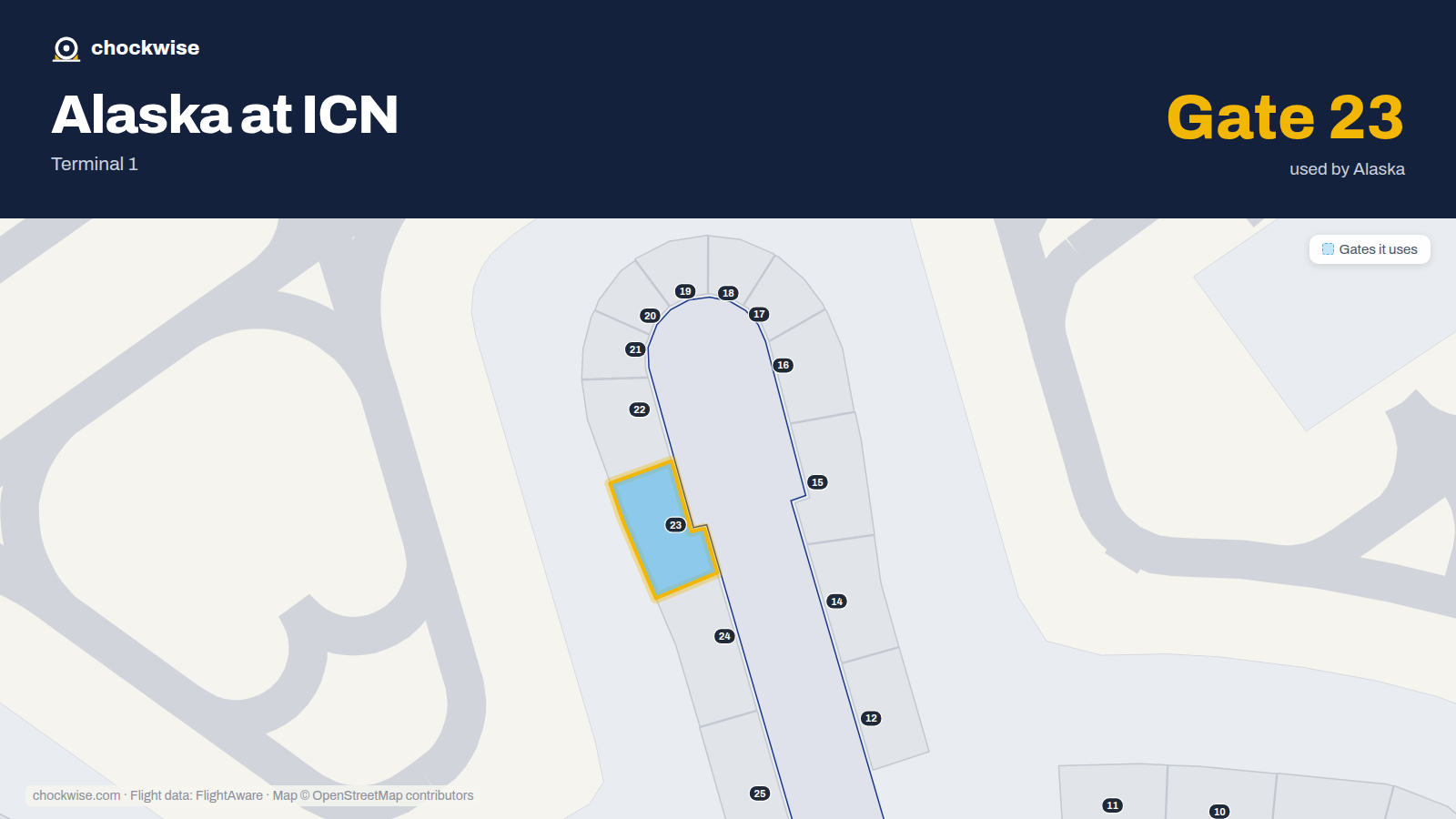 Map of ICN with the gates Alaska Airlines uses highlighted: 23.