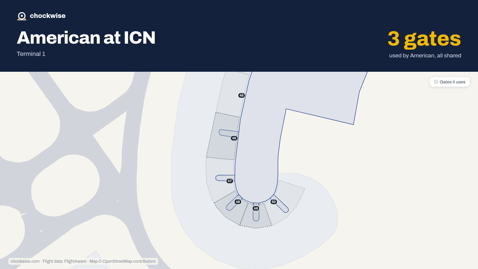 Map of ICN with the gates American Airlines uses highlighted: 46, 48 and 49.