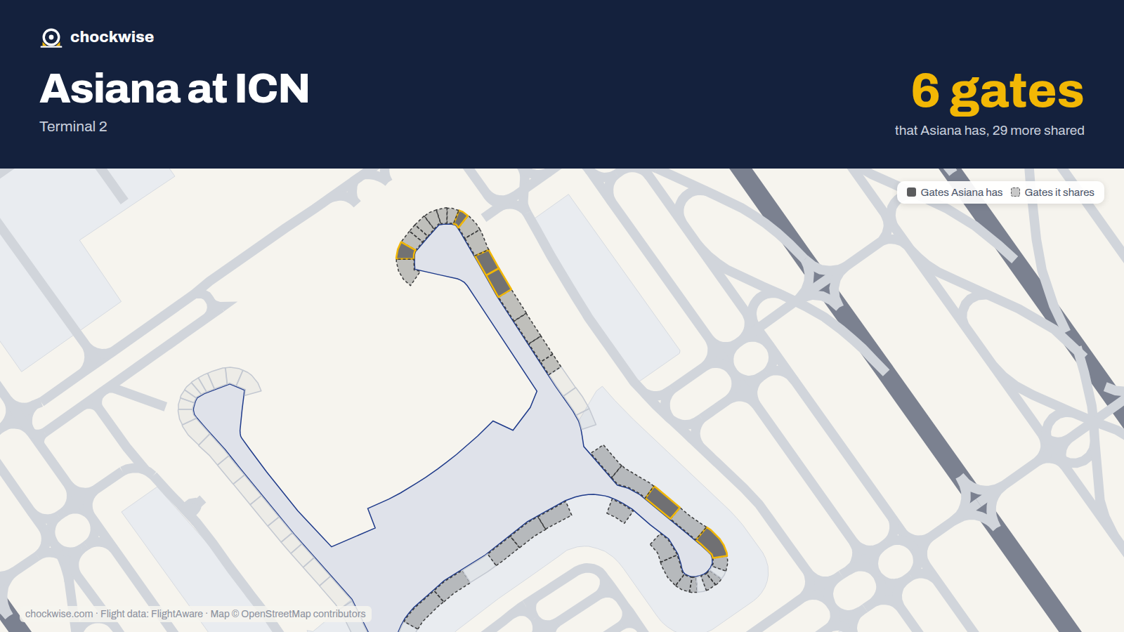 Map of ICN with the gates Asiana Airlines uses highlighted: 264, 266, 279, 280, 283 and 290.