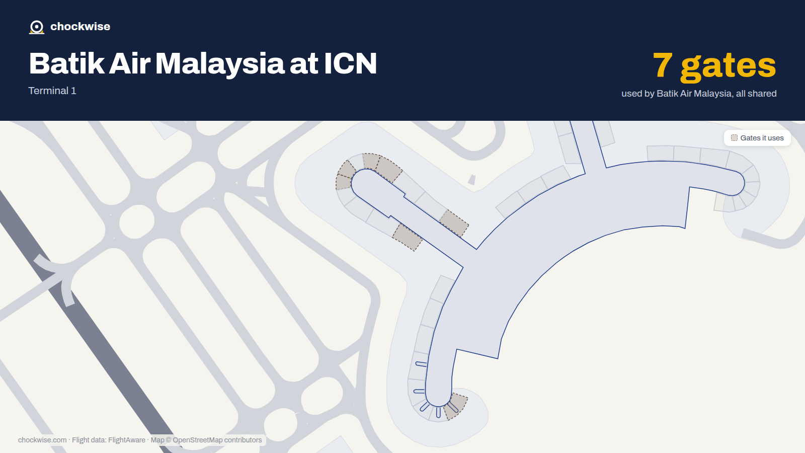 Map of ICN with the gates Batik Air Malaysia uses highlighted: 30, 33, 34, 36, 37, 41 and 50.