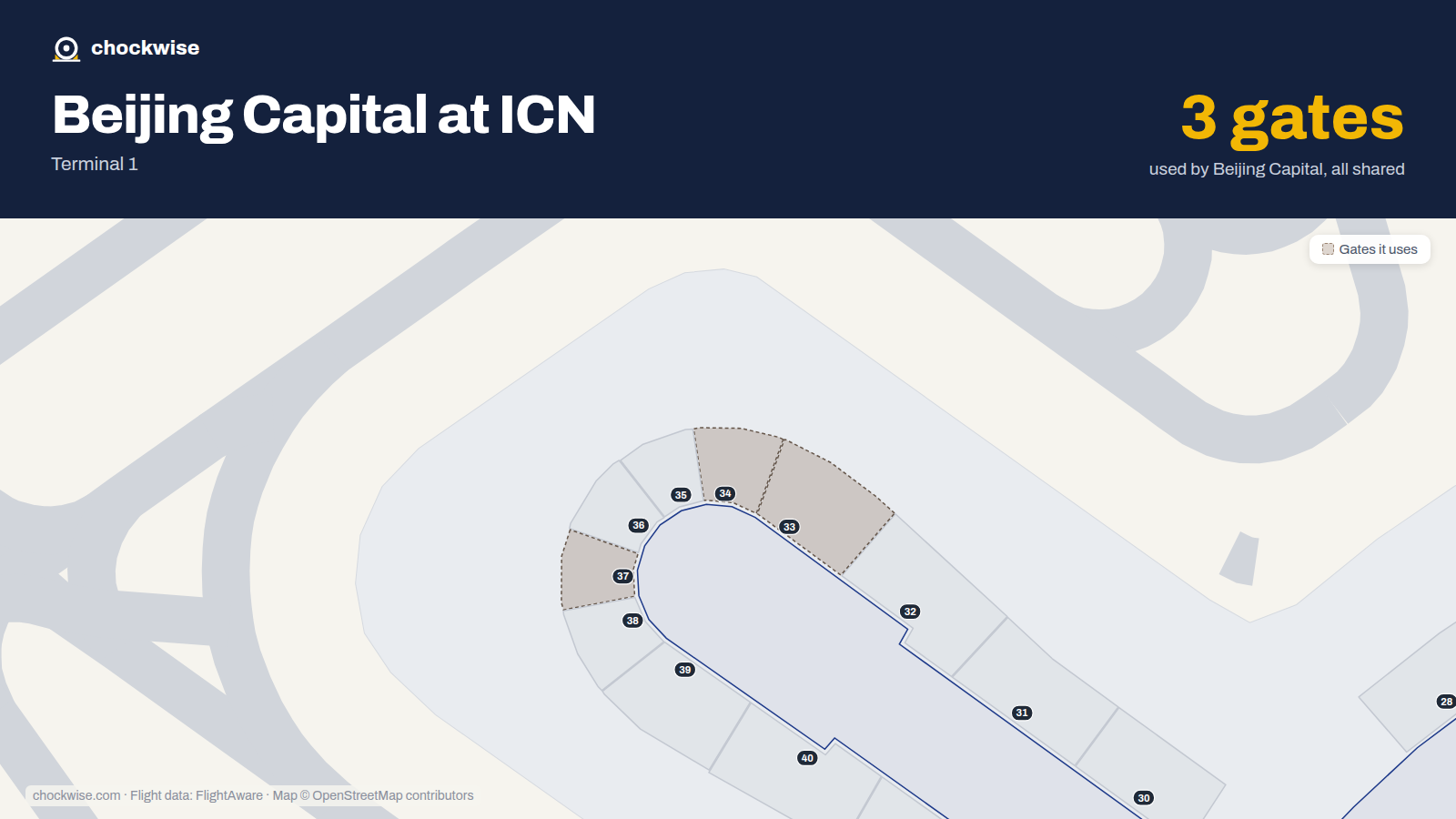 Map of ICN with the gates Beijing Capital Airlines uses highlighted: 33, 34 and 37.