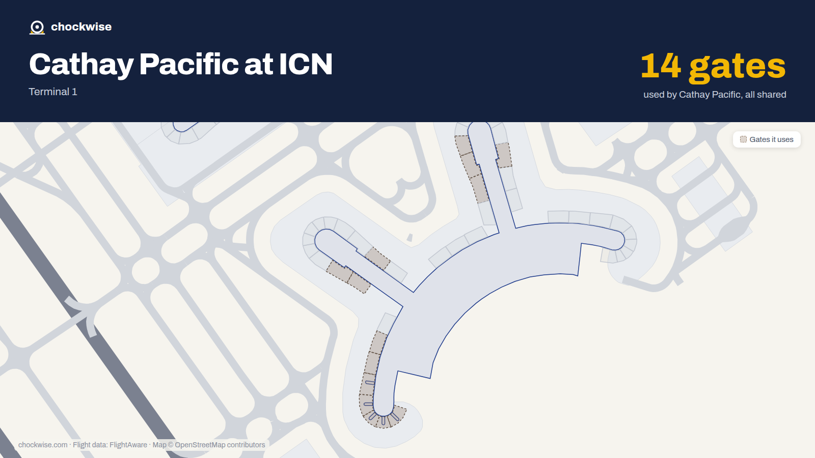 Map of ICN with the gates Cathay Pacific uses highlighted: 15, 22, 23, 24, 31, 40, 41, 43 and 6 more.