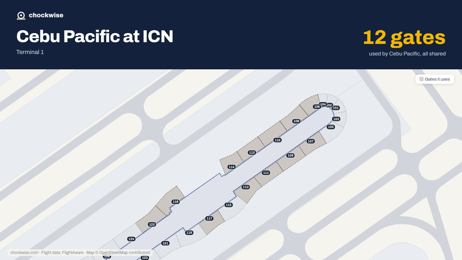Map of ICN with the gates Cebu Pacific uses highlighted: 106, 107, 108, 109, 110, 111, 112, 113 and 4 more.