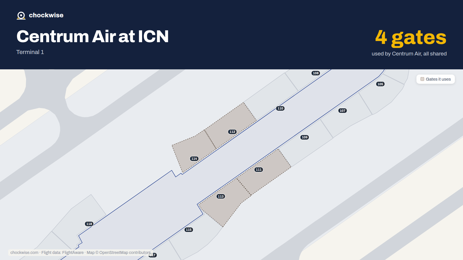 Map of ICN with the gates Centrum Air uses highlighted: 111, 112, 113 and 114.