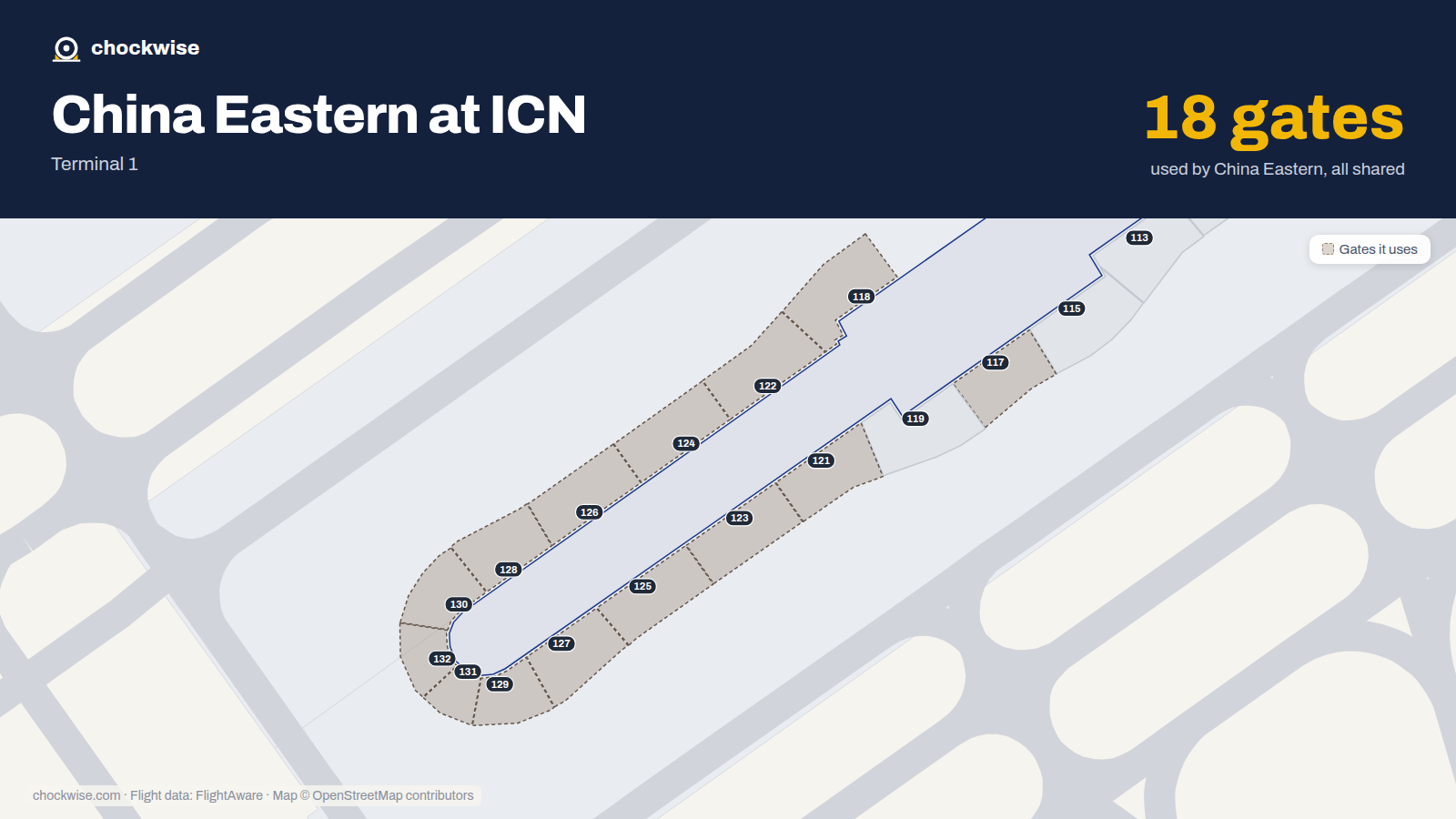 Map of ICN with the gates China Eastern uses highlighted: 101, 103, 108, 114, 117, 118, 121, 122 and 10 more.
