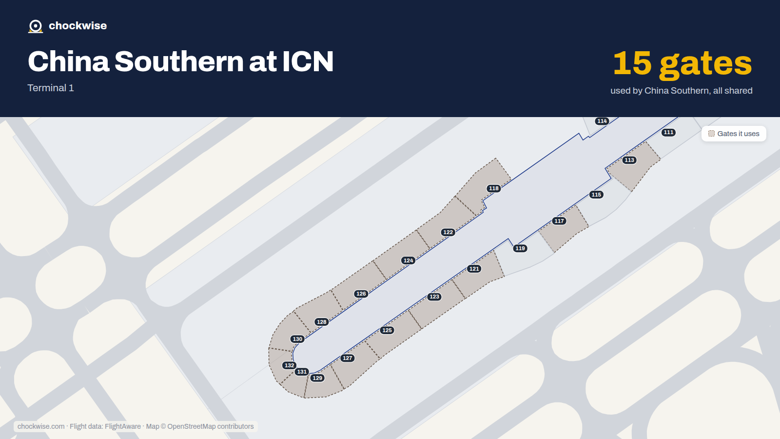 Map of ICN with the gates China Southern uses highlighted: 113, 117, 118, 121, 122, 123, 124, 125 and 7 more.