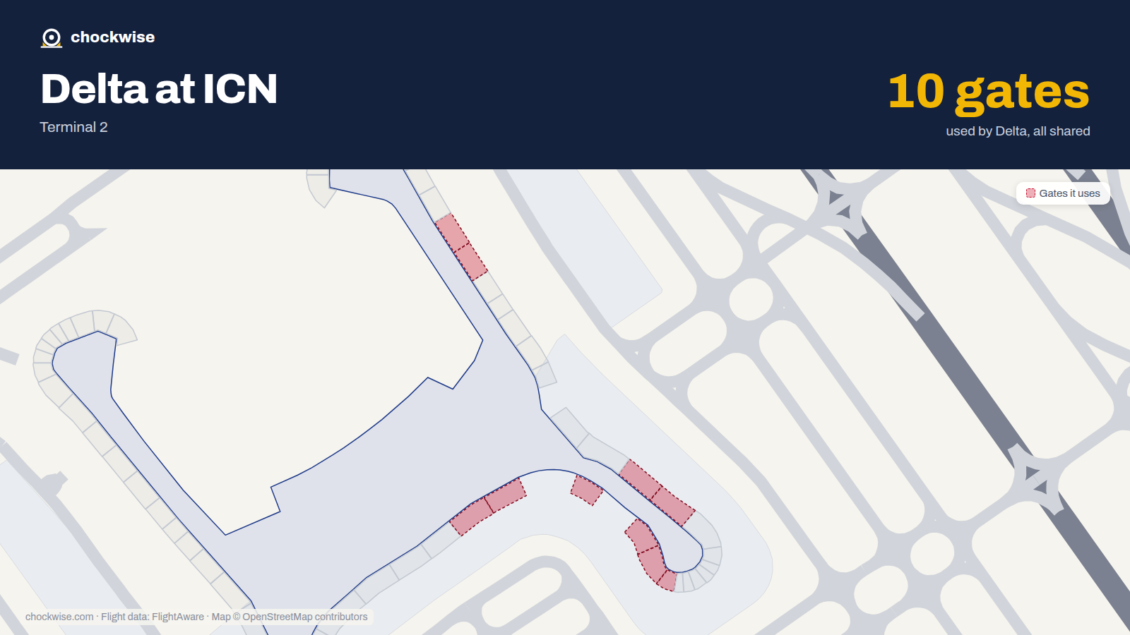 Map of ICN with the gates Delta Air Lines uses highlighted: 252, 253, 254, 255, 256, 257, 265, 266 and 2 more.