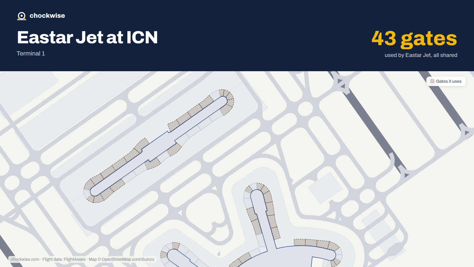 Map of ICN with the gates Eastar Jet uses highlighted: 2, 3, 8, 9, 10, 11, 12, 14 and 35 more.