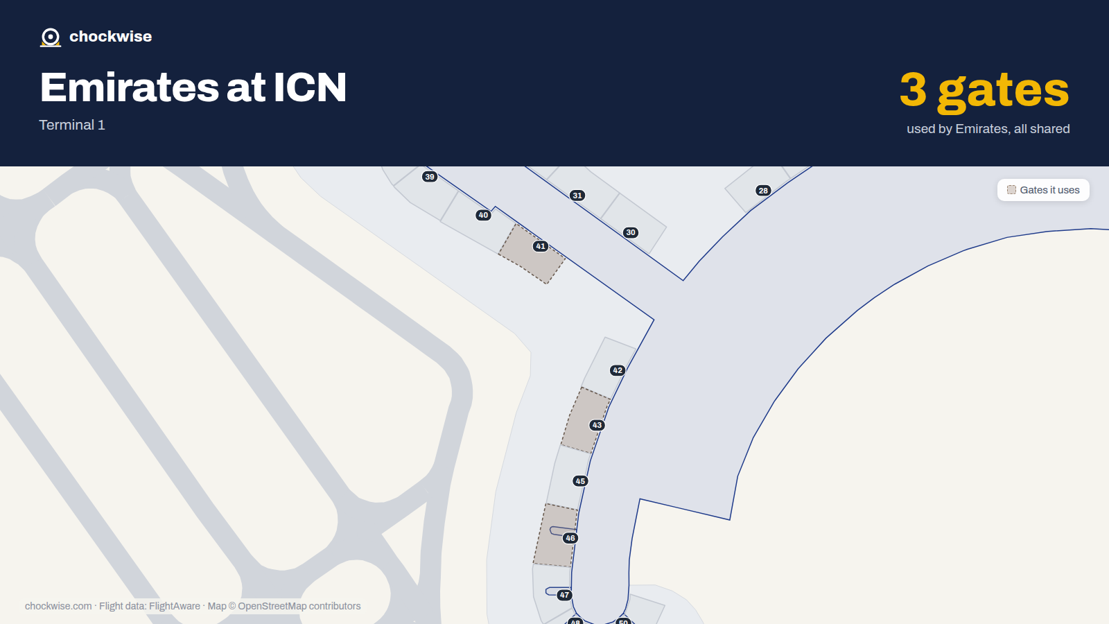 Map of ICN with the gates Emirates uses highlighted: 41, 43 and 46.