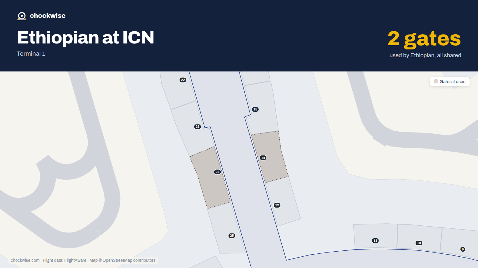 Map of ICN with the gates Ethiopian Airlines uses highlighted: 14 and 24.