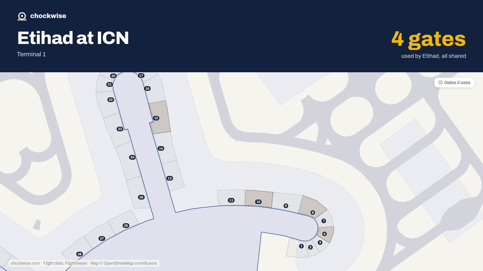 Map of ICN with the gates Etihad Airways uses highlighted: 6, 8, 10 and 15.