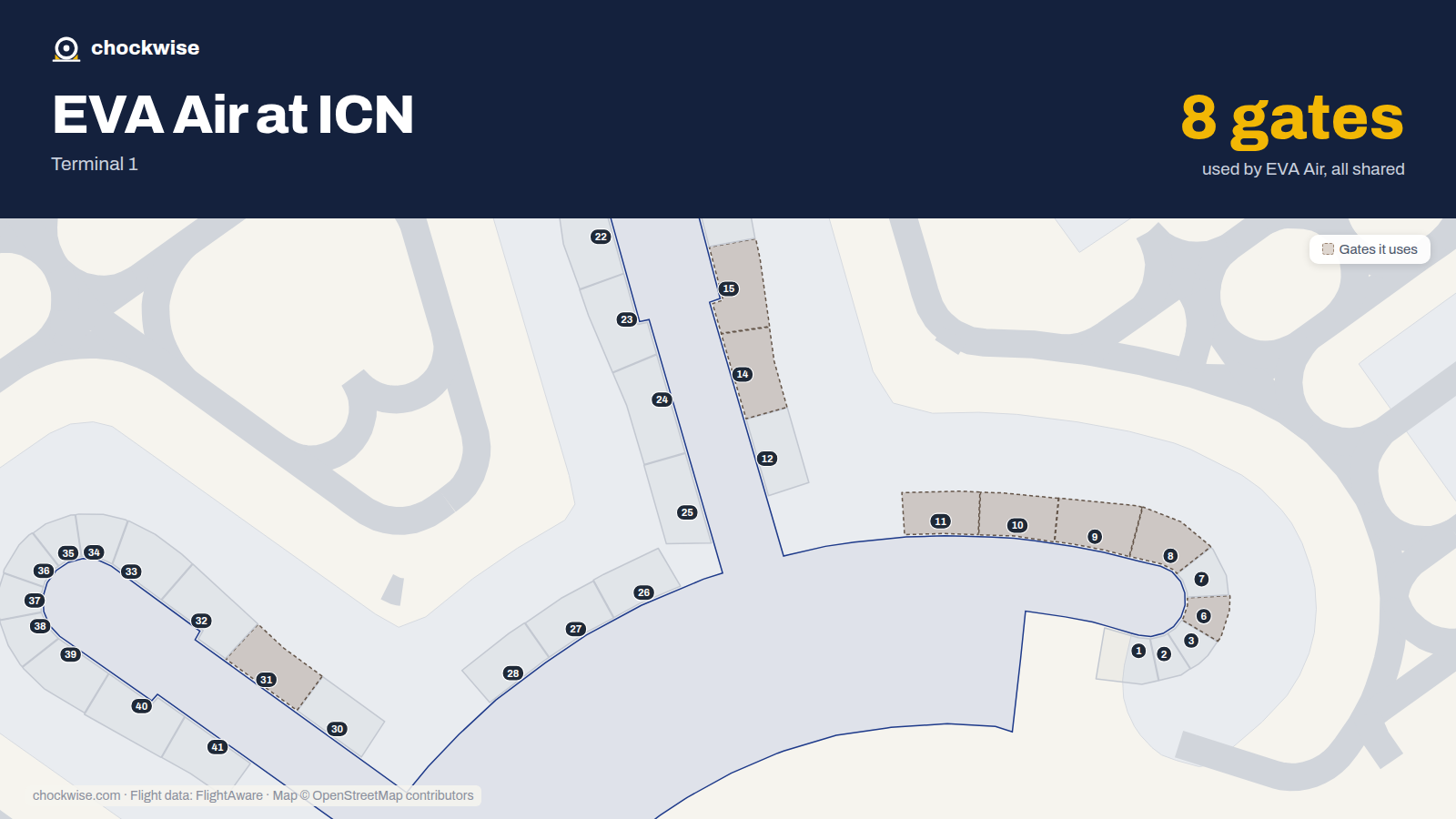 Map of ICN with the gates EVA Air uses highlighted: 6, 8, 9, 10, 11, 14, 15 and 31.