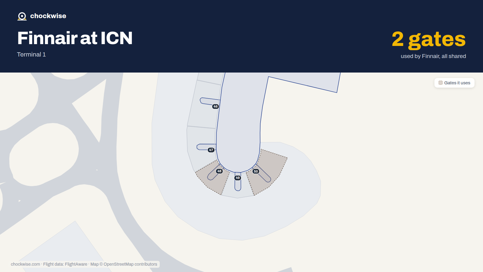 Map of ICN with the gates Finnair uses highlighted: 48 and 50.