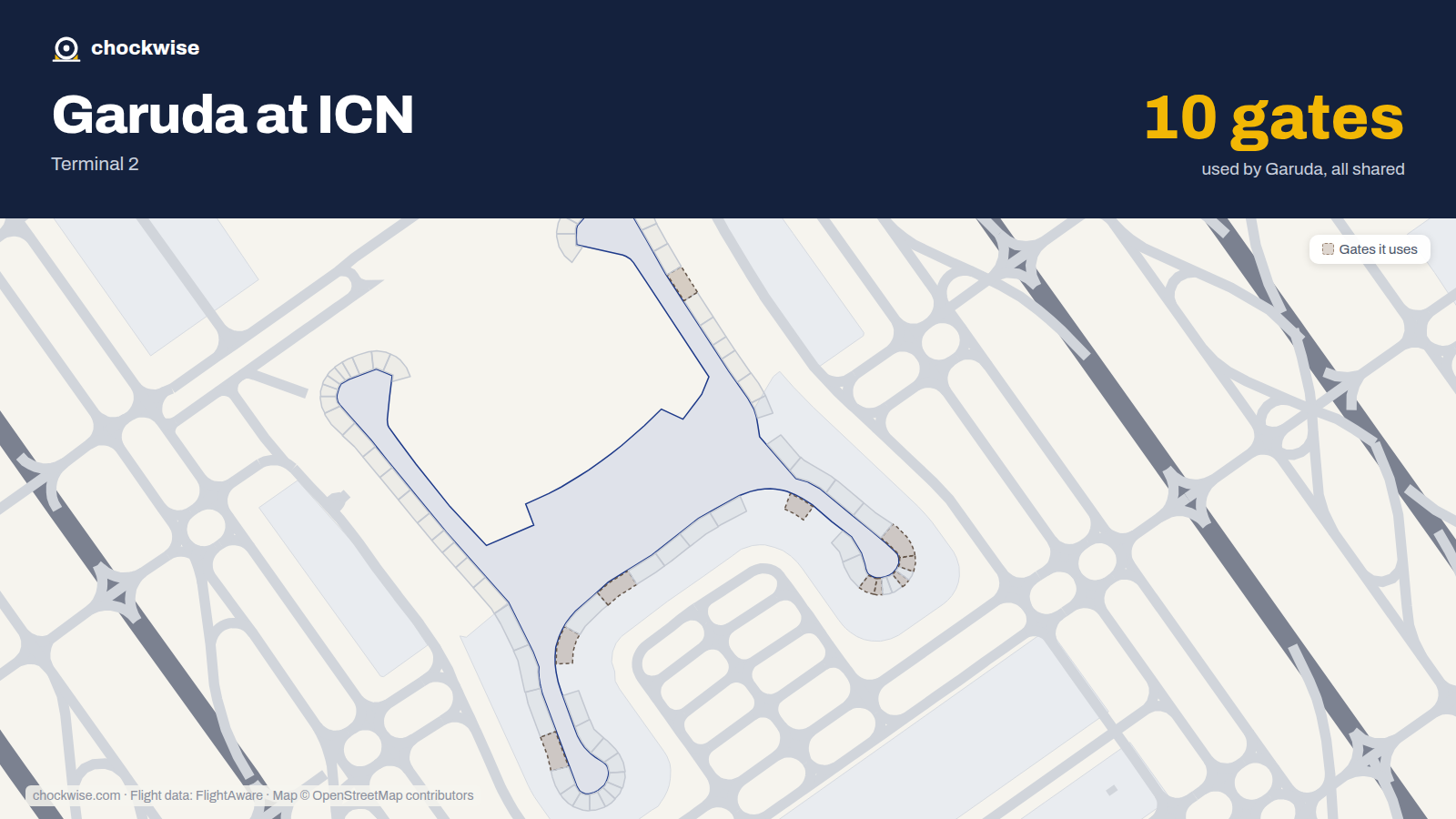 Map of ICN with the gates Garuda Indonesia uses highlighted: 234, 247, 249, 254, 257, 258, 261, 263 and 2 more.