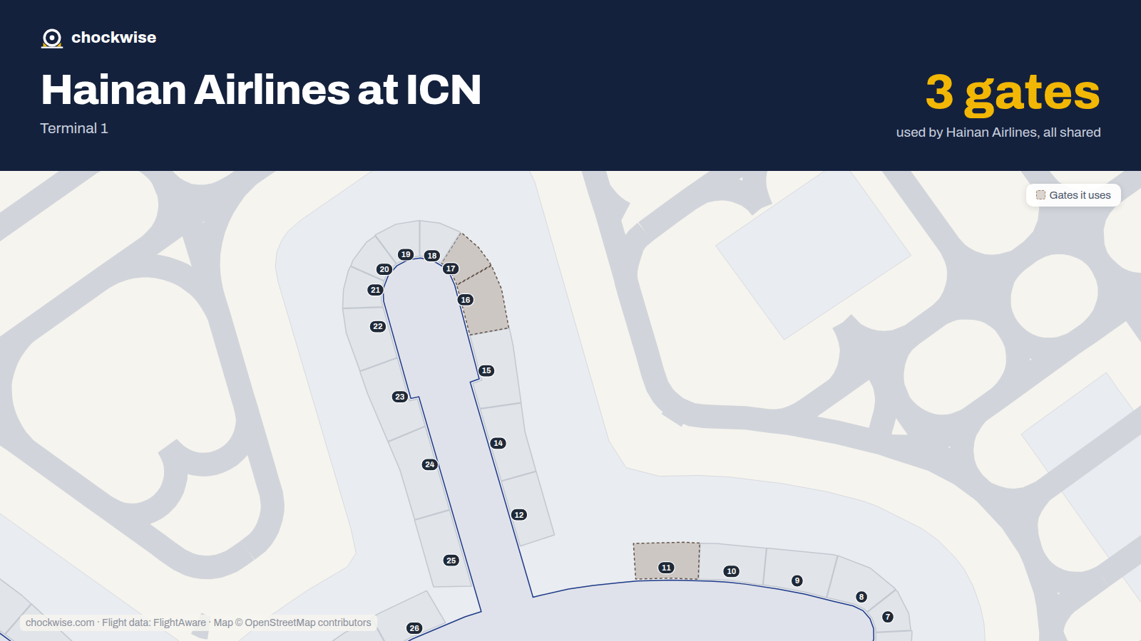 Map of ICN with the gates Hainan Airlines uses highlighted: 11, 16 and 17.