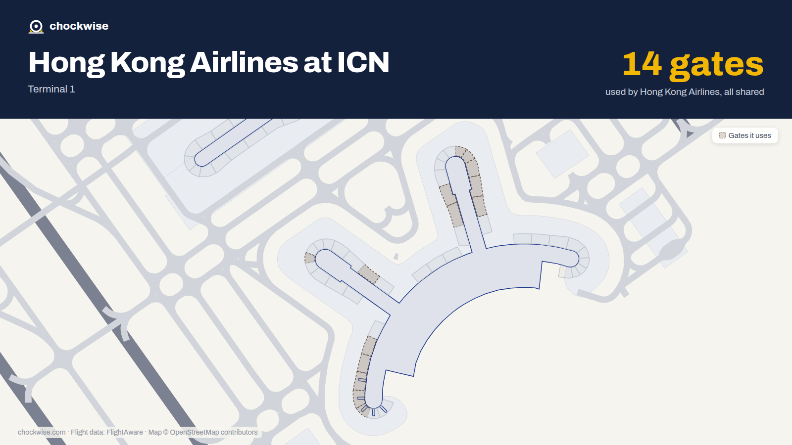 Map of ICN with the gates Hong Kong Airlines uses highlighted: 14, 15, 16, 17, 18, 23, 24, 31 and 6 more.