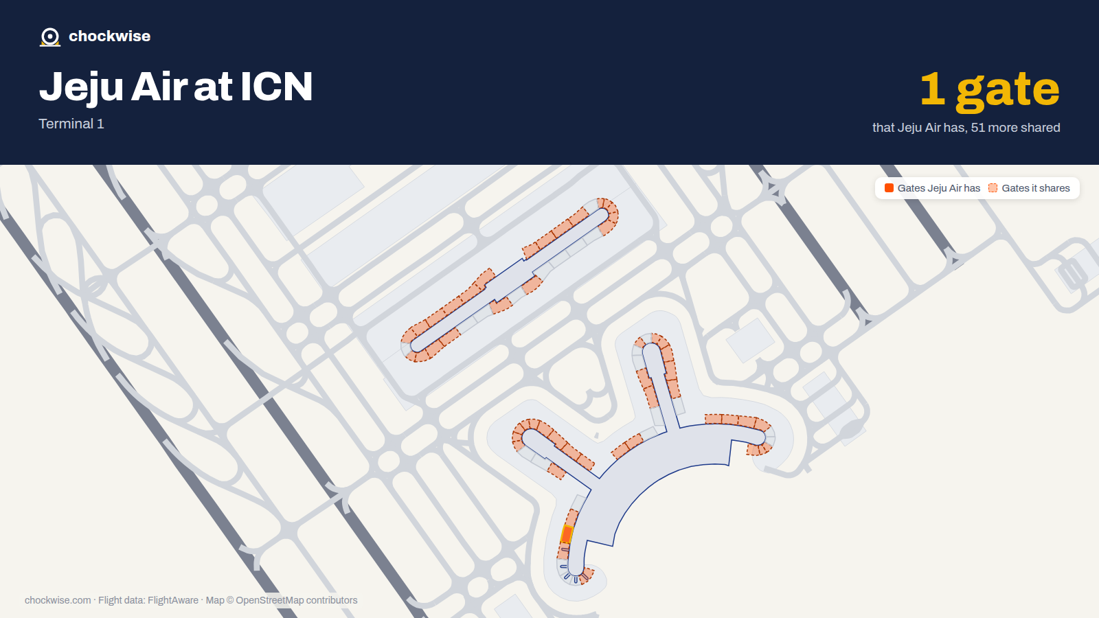 Map of ICN with the gates Jeju Air uses highlighted: 45.