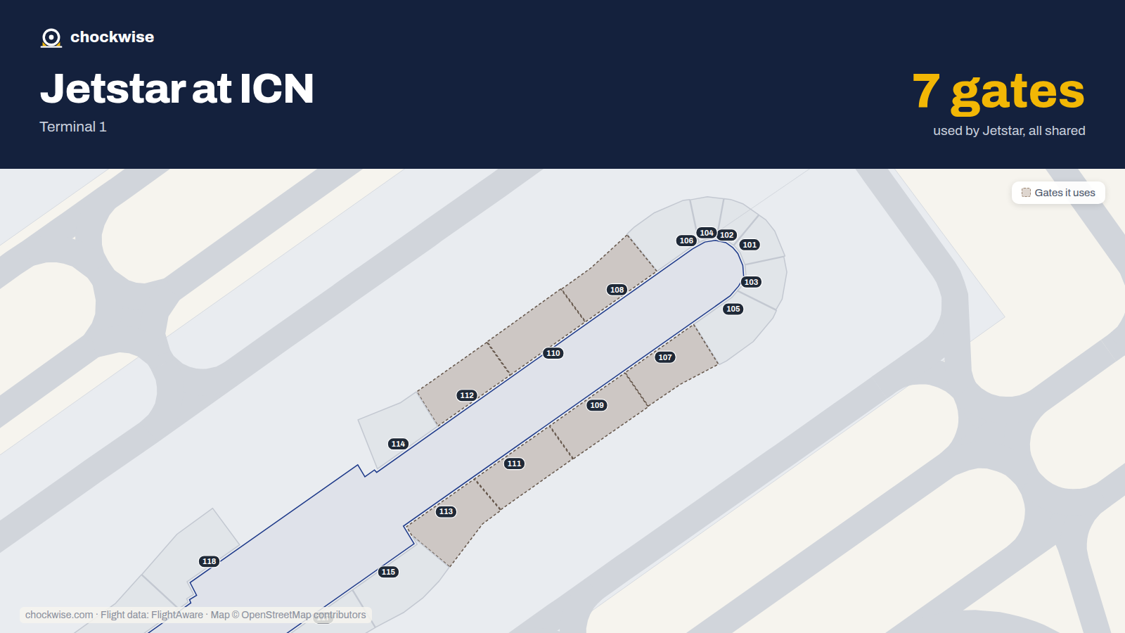 Map of ICN with the gates Jetstar uses highlighted: 107, 108, 109, 110, 111, 112 and 113.
