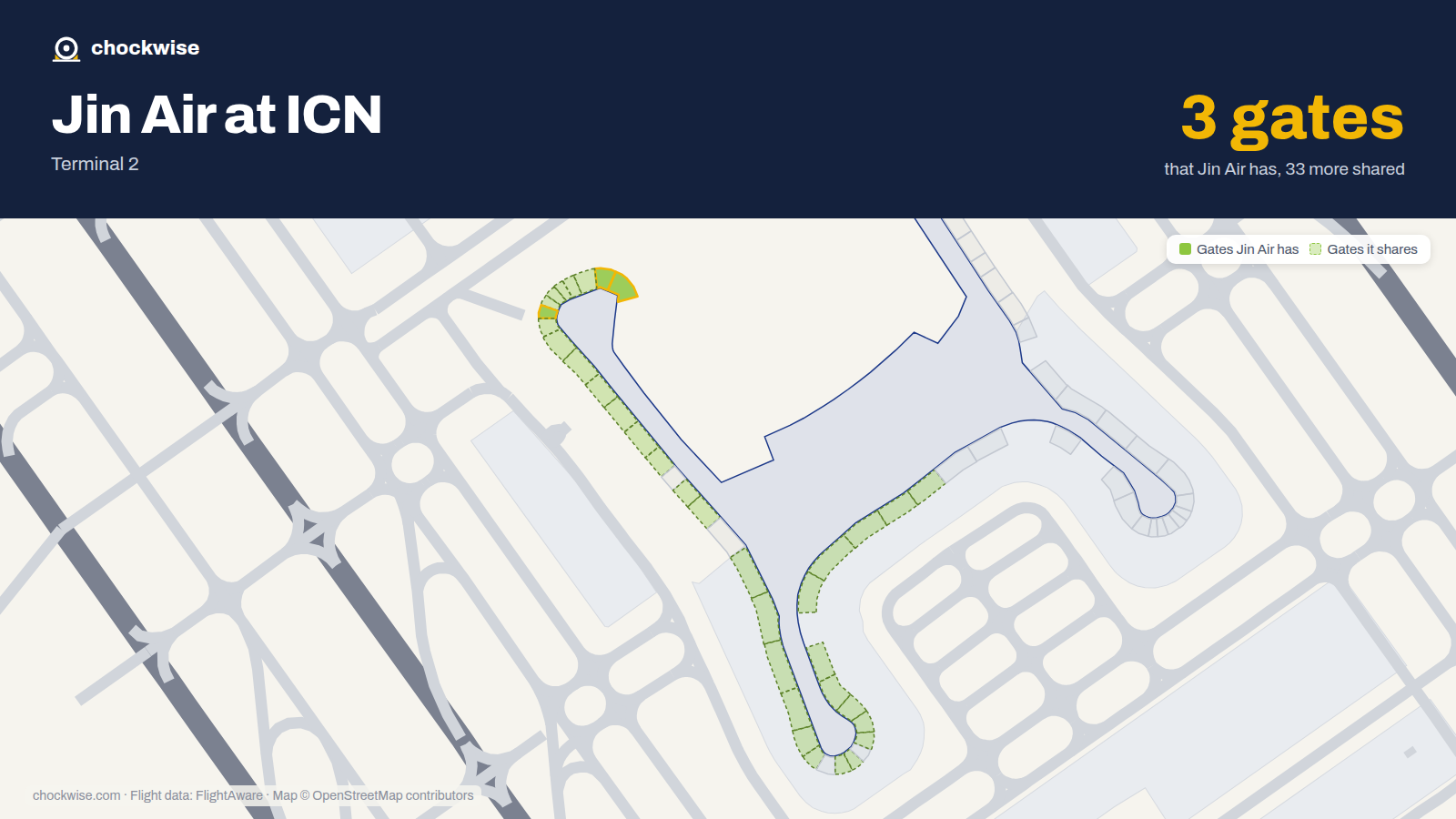 Map of ICN with the gates Jin Air uses highlighted: 208, 209 and 215.