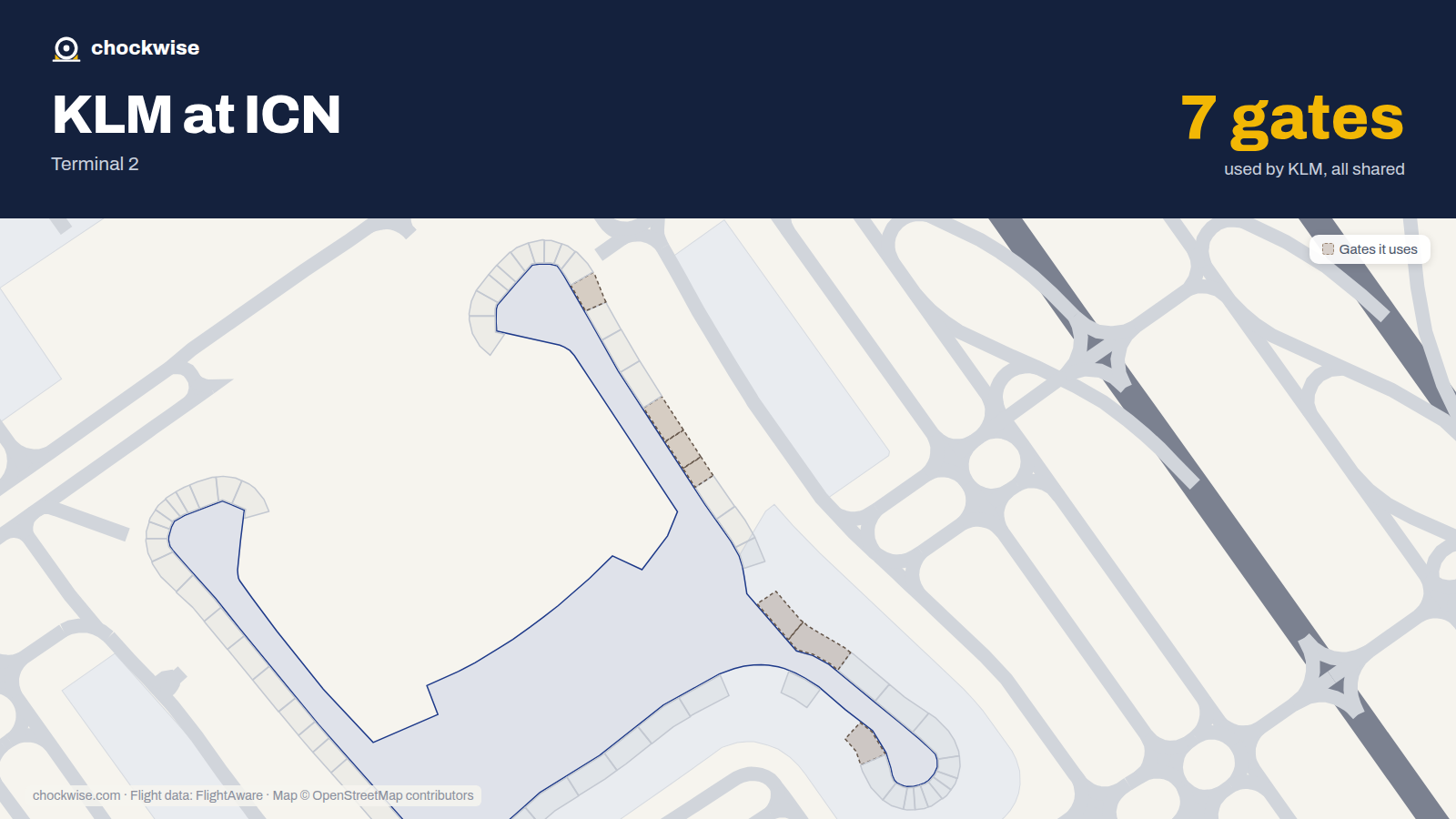 Map of ICN with the gates KLM uses highlighted: 255, 267, 268, 275, 276, 277 and 281.