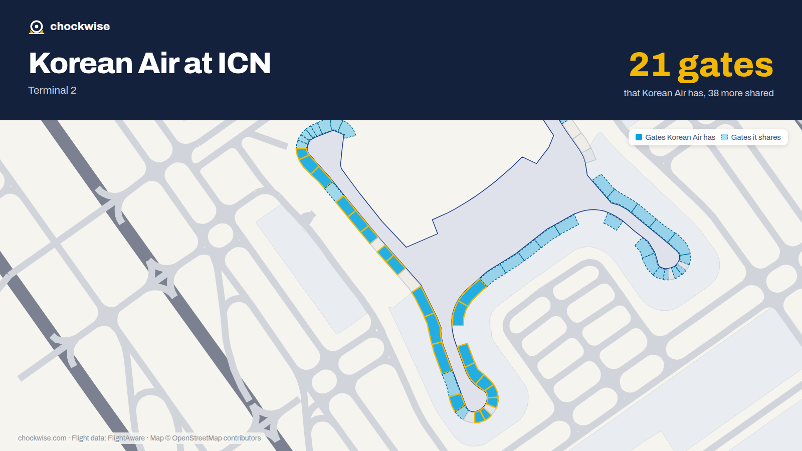 Map of ICN with the gates Korean Air uses highlighted: 216, 217, 218, 220, 221, 222, 224, 225 and 13 more.