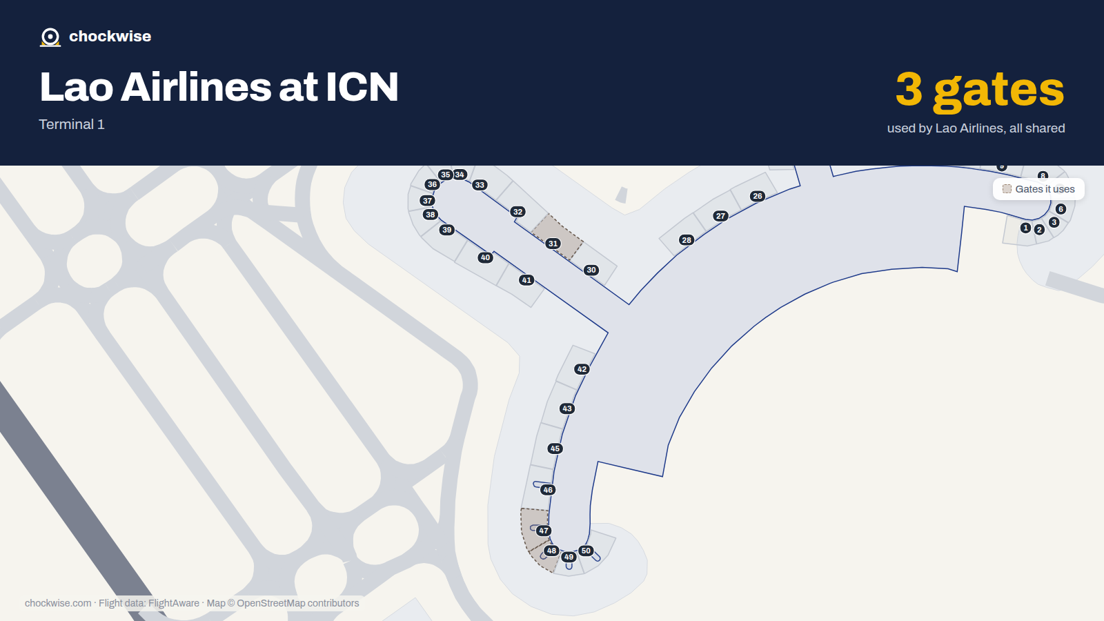 Map of ICN with the gates Lao Airlines uses highlighted: 31, 47 and 48.