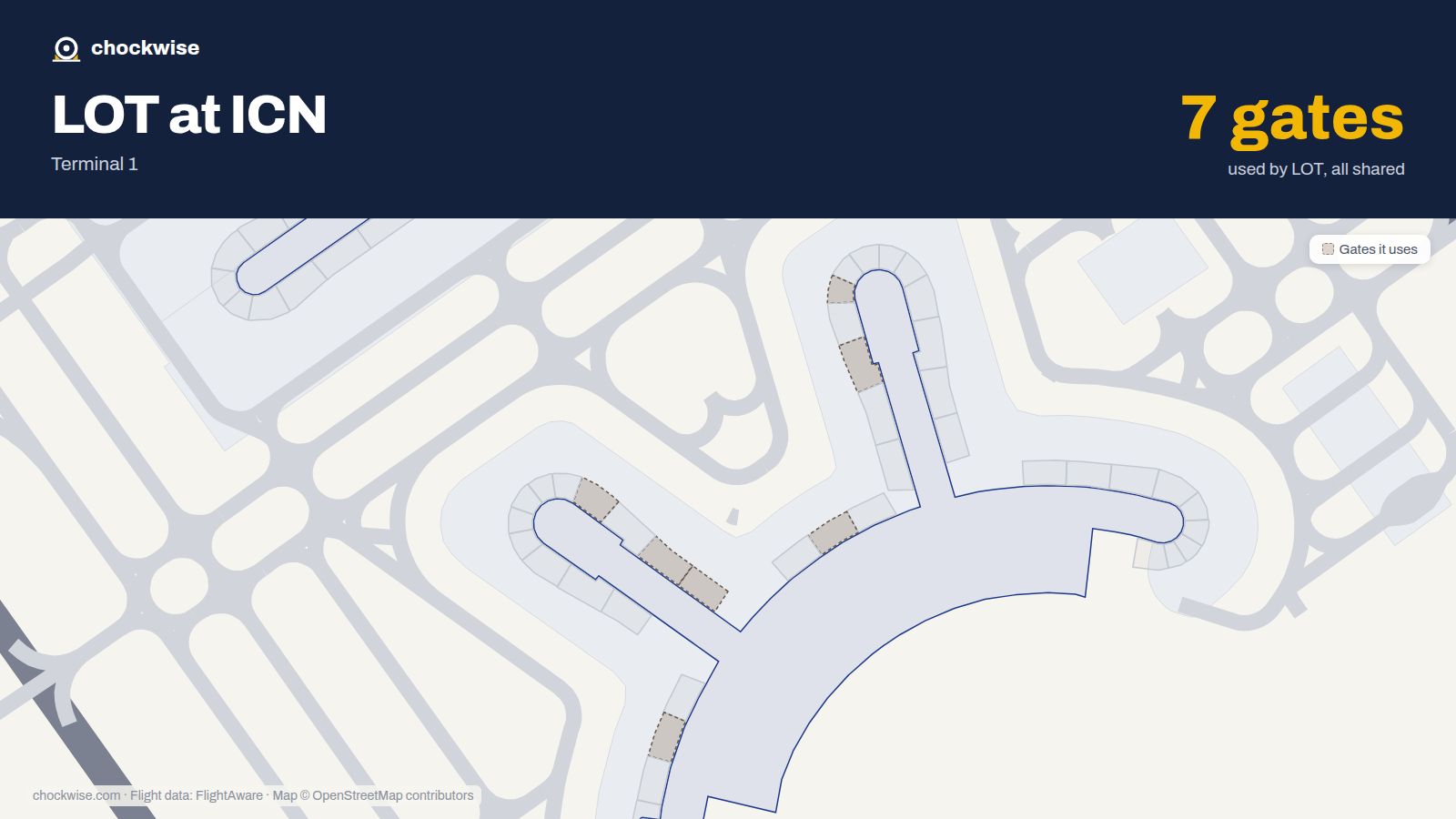 Map of ICN with the gates LOT Polish Airlines uses highlighted: 21, 23, 27, 30, 31, 33 and 43.
