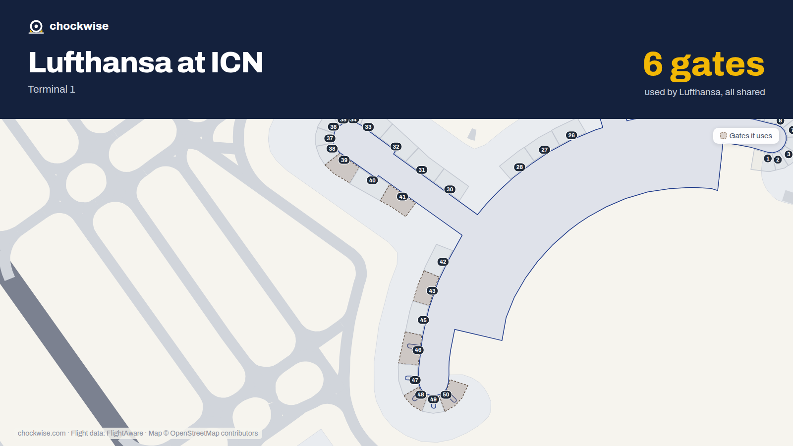Map of ICN with the gates Lufthansa uses highlighted: 39, 41, 43, 46, 48 and 50.