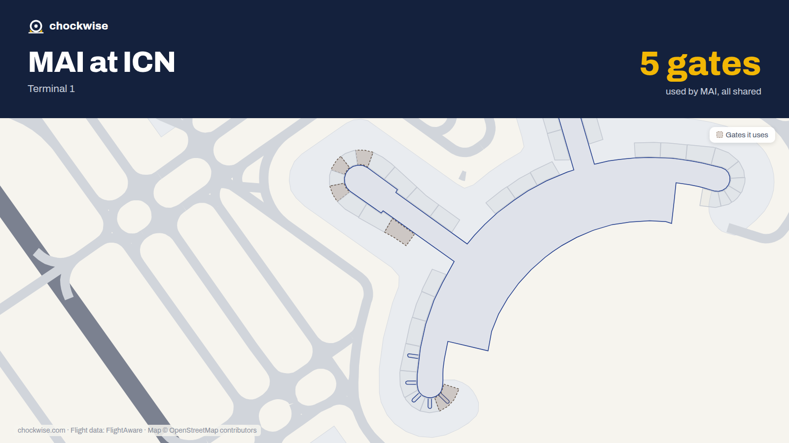 Map of ICN with the gates Myanmar Airways International uses highlighted: 34, 36, 38, 41 and 50.