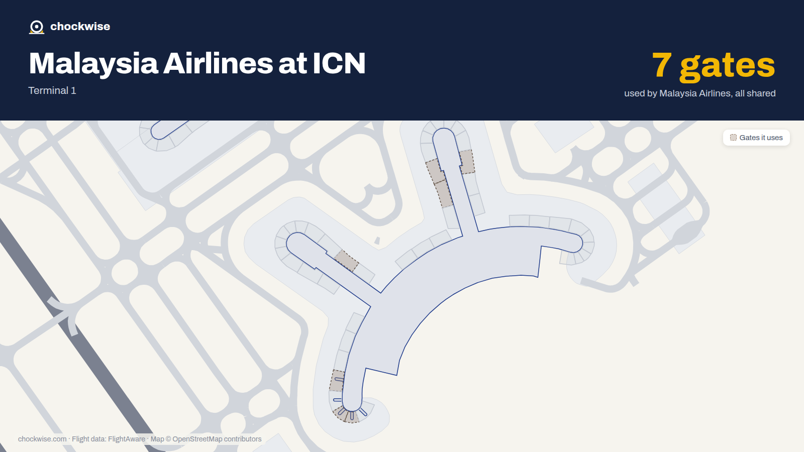Map of ICN with the gates Malaysia Airlines uses highlighted: 15, 23, 24, 31, 46, 48 and 49.