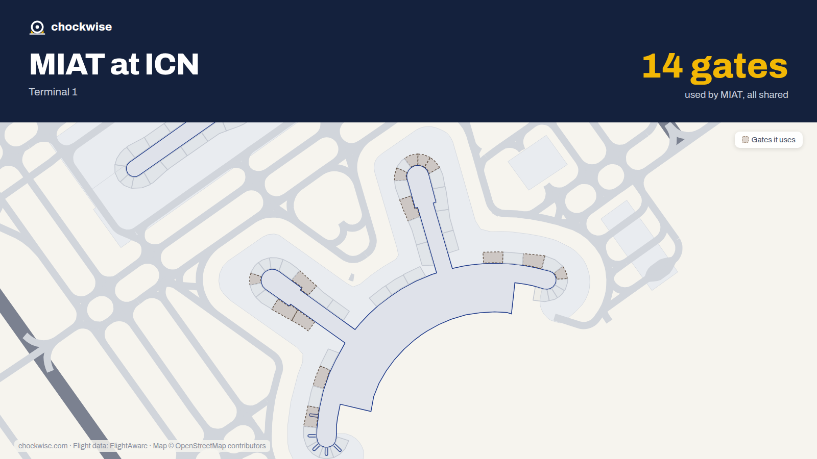 Map of ICN with the gates MIAT Mongolian Airlines uses highlighted: 7, 9, 11, 17, 18, 19, 21, 23 and 6 more.