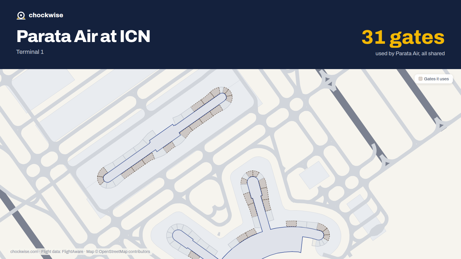 Map of ICN with the gates Parata Air uses highlighted: 6, 7, 8, 11, 14, 15, 16, 18 and 23 more.