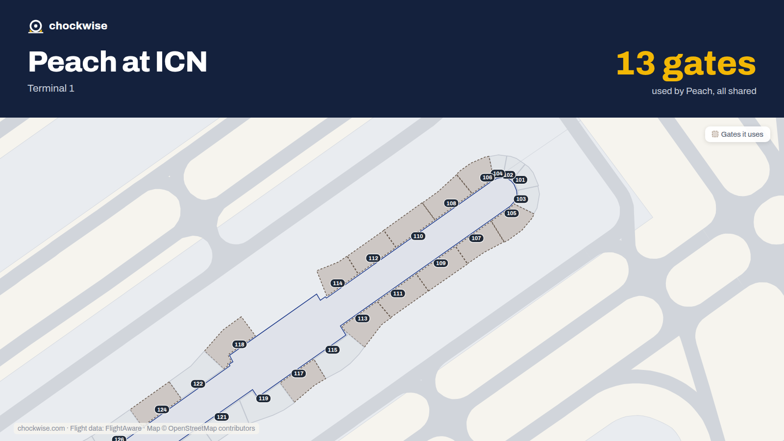 Map of ICN with the gates Peach Aviation uses highlighted: 105, 106, 107, 108, 109, 110, 111, 112 and 5 more.