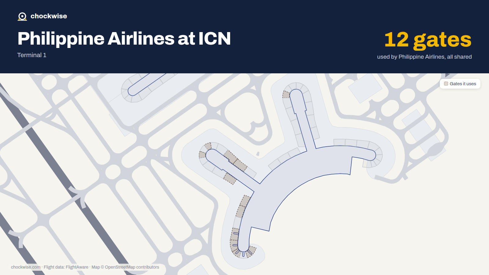 Map of ICN with the gates Philippine Airlines uses highlighted: 21, 31, 32, 35, 37, 41, 42, 43 and 4 more.