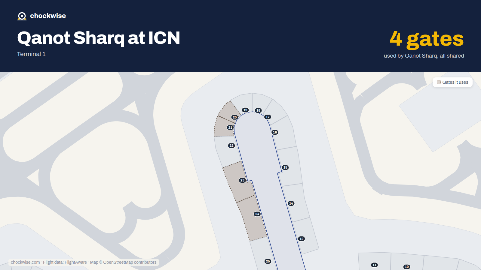 Map of ICN with the gates Qanot Sharq uses highlighted: 20, 21, 23 and 24.